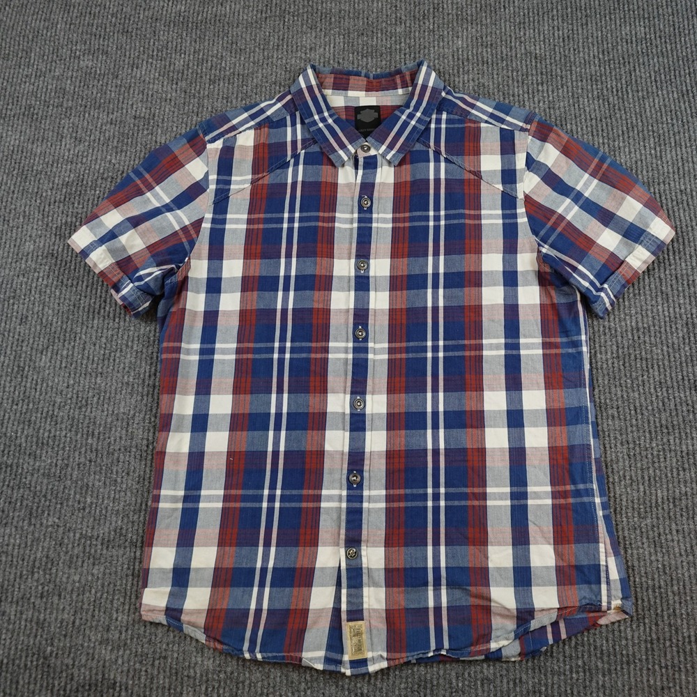 Harley-Davidson Shirt Mens Large Blue Plaid 100% Cotton Short Sleeve Button-Up